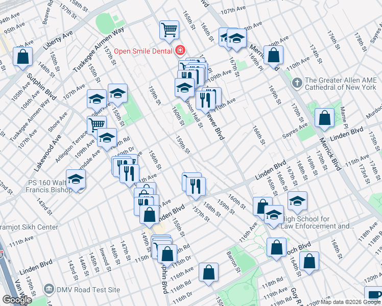 map of restaurants, bars, coffee shops, grocery stores, and more near in Queens