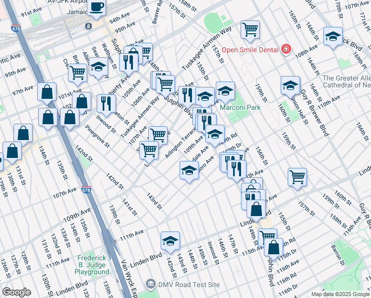 map of restaurants, bars, coffee shops, grocery stores, and more near 109-01 Liverpool Street in Queens