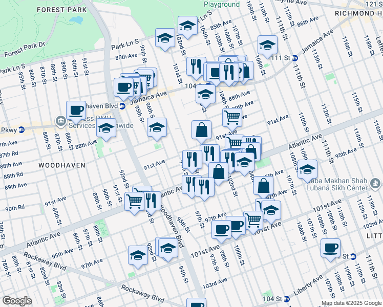 map of restaurants, bars, coffee shops, grocery stores, and more near 91-29 98th Street in Queens