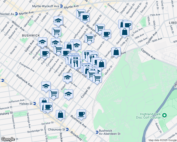 map of restaurants, bars, coffee shops, grocery stores, and more near 220 Schaefer Street in Brooklyn
