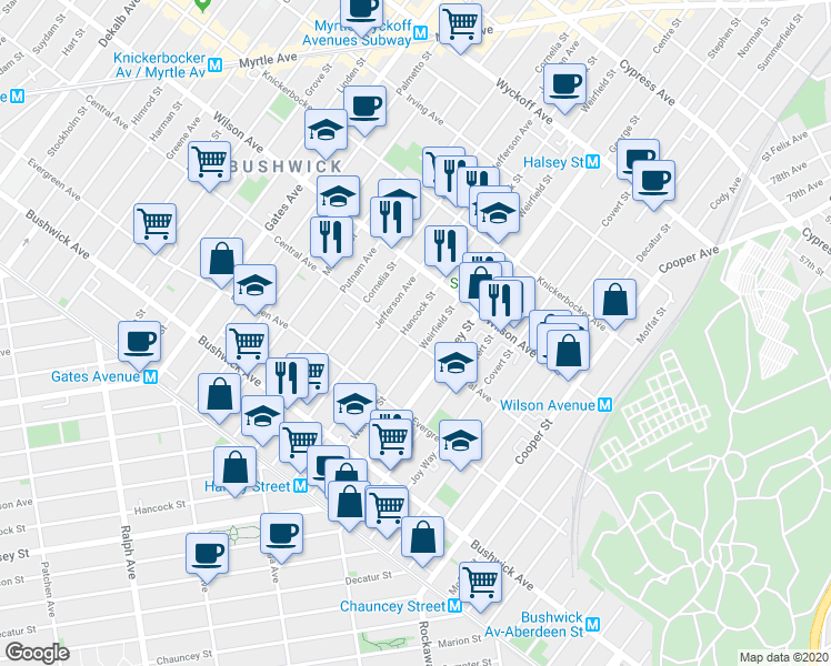 map of restaurants, bars, coffee shops, grocery stores, and more near 1150 Hancock Street in Brooklyn