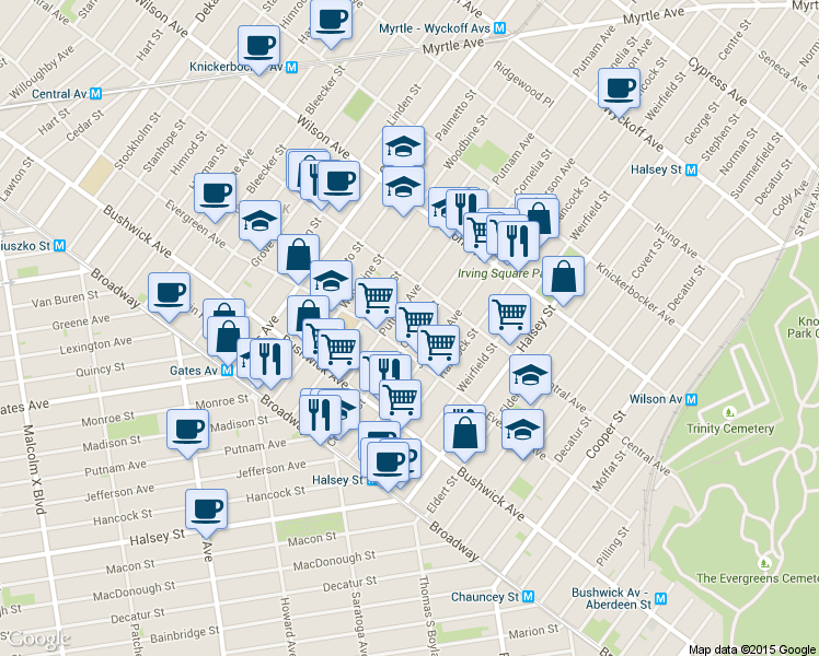 map of restaurants, bars, coffee shops, grocery stores, and more near 521 Evergreen Avenue in Brooklyn