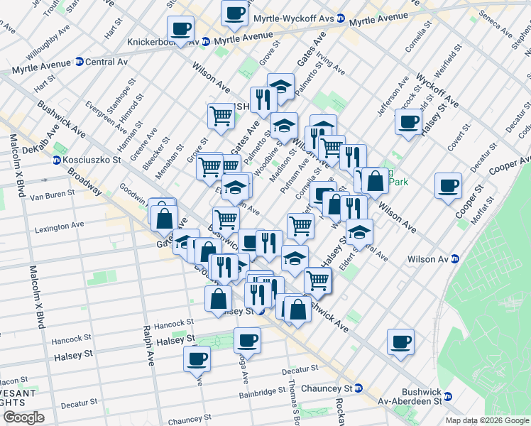 map of restaurants, bars, coffee shops, grocery stores, and more near 521 Evergreen Avenue in Brooklyn