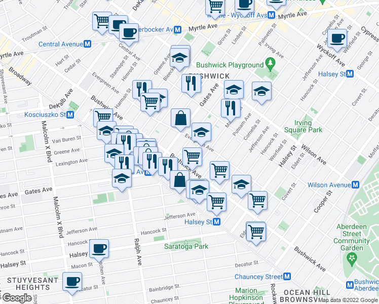 map of restaurants, bars, coffee shops, grocery stores, and more near 64 Woodbine Street in Brooklyn