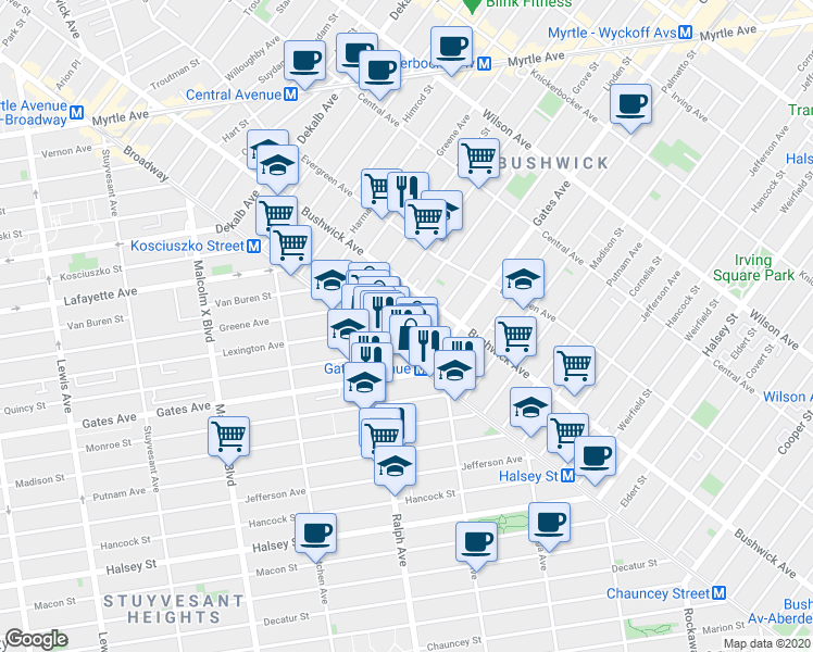 map of restaurants, bars, coffee shops, grocery stores, and more near in Brooklyn