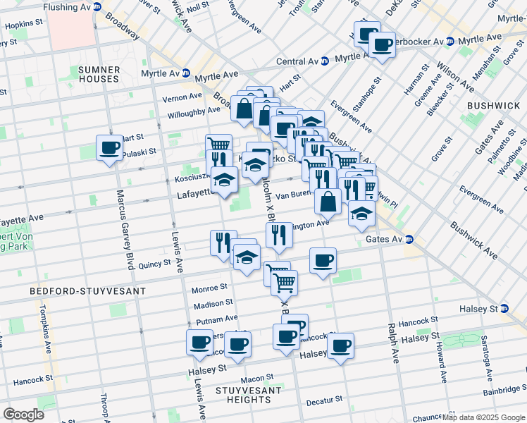 map of restaurants, bars, coffee shops, grocery stores, and more near 91A Malcolm X Boulevard in Brooklyn