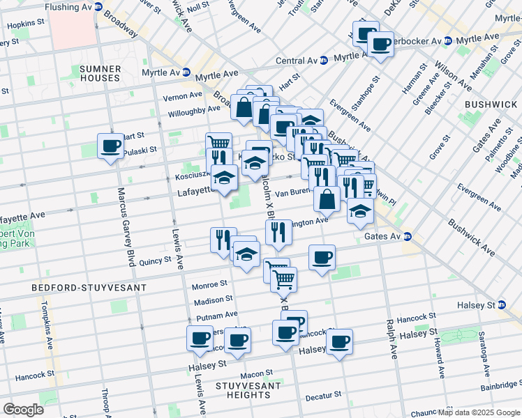 map of restaurants, bars, coffee shops, grocery stores, and more near 91A Malcolm X Boulevard in Brooklyn