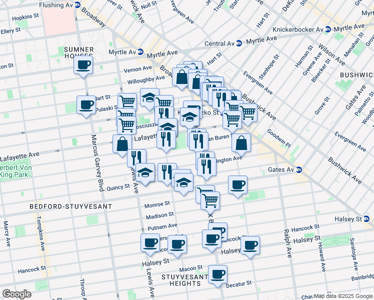 map of restaurants, bars, coffee shops, grocery stores, and more near 900A Greene Avenue in Brooklyn