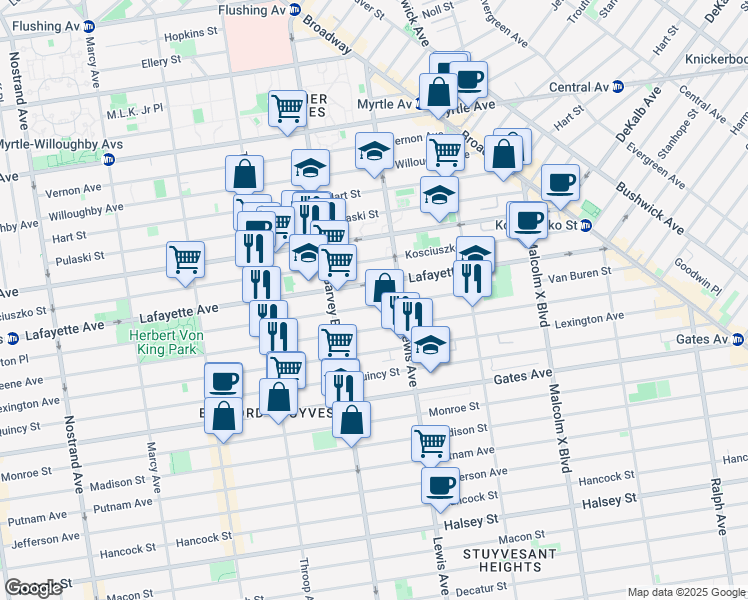 map of restaurants, bars, coffee shops, grocery stores, and more near 2 Van Buren Street in Brooklyn
