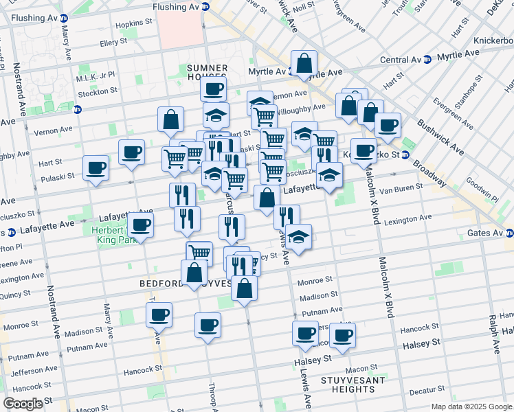map of restaurants, bars, coffee shops, grocery stores, and more near 2 Van Buren Street in Brooklyn