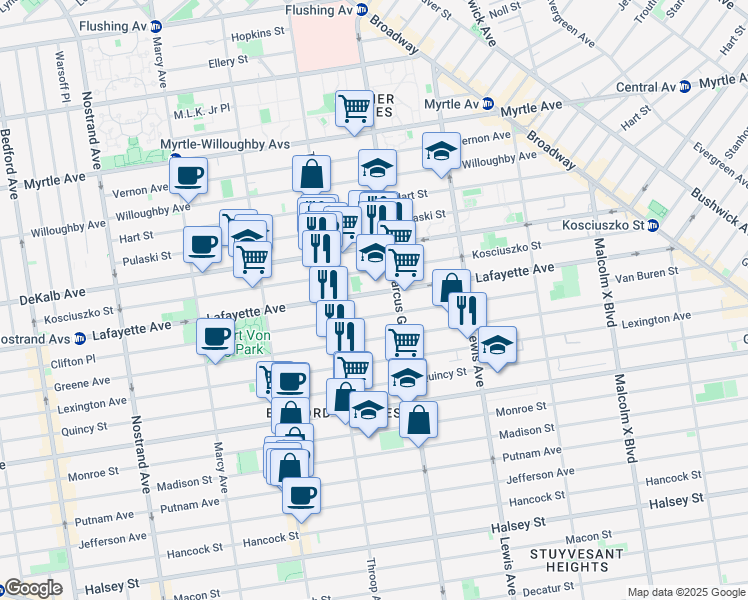 map of restaurants, bars, coffee shops, grocery stores, and more near 121 Van Buren Street in Brooklyn