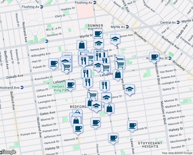map of restaurants, bars, coffee shops, grocery stores, and more near 121 Van Buren Street in Brooklyn