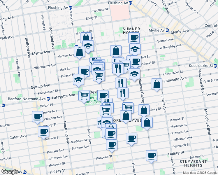 map of restaurants, bars, coffee shops, grocery stores, and more near 728 Lafayette Avenue in Brooklyn