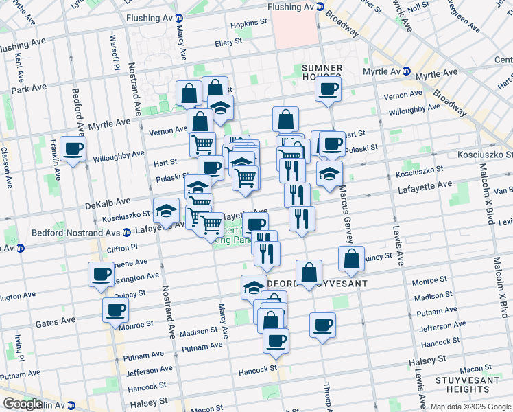map of restaurants, bars, coffee shops, grocery stores, and more near 695 Lafayette Avenue in Brooklyn