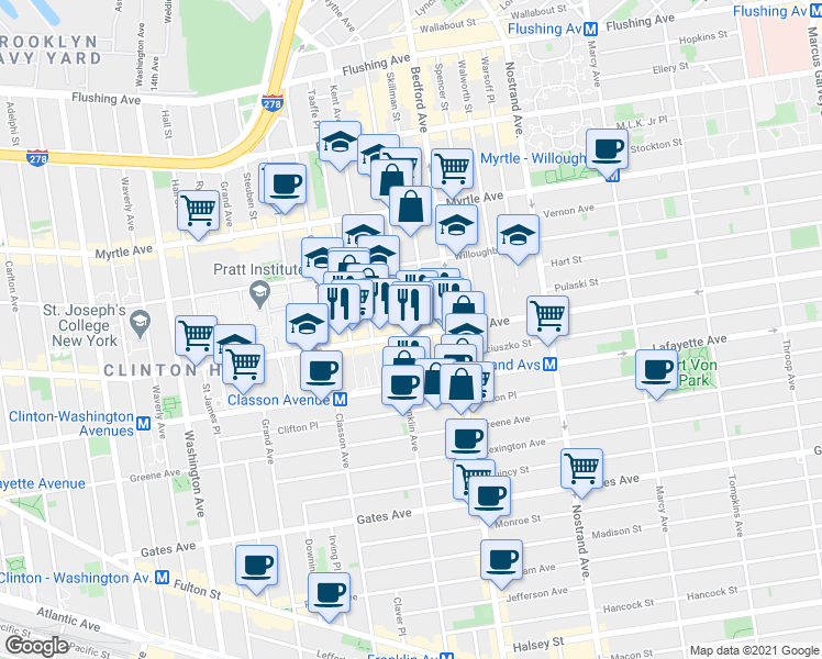 map of restaurants, bars, coffee shops, grocery stores, and more near 473 DeKalb Avenue in Brooklyn
