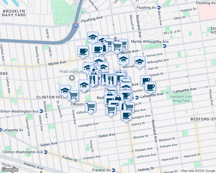 map of restaurants, bars, coffee shops, grocery stores, and more near 473 DeKalb Avenue in Brooklyn