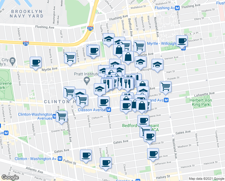map of restaurants, bars, coffee shops, grocery stores, and more near 459 Dekalb Avenue in Brooklyn
