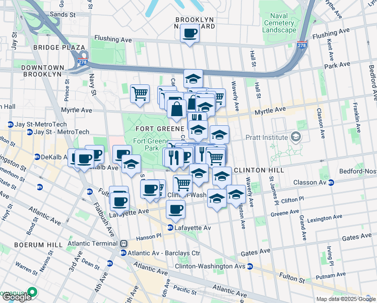 map of restaurants, bars, coffee shops, grocery stores, and more near 242 Carlton Avenue in Brooklyn