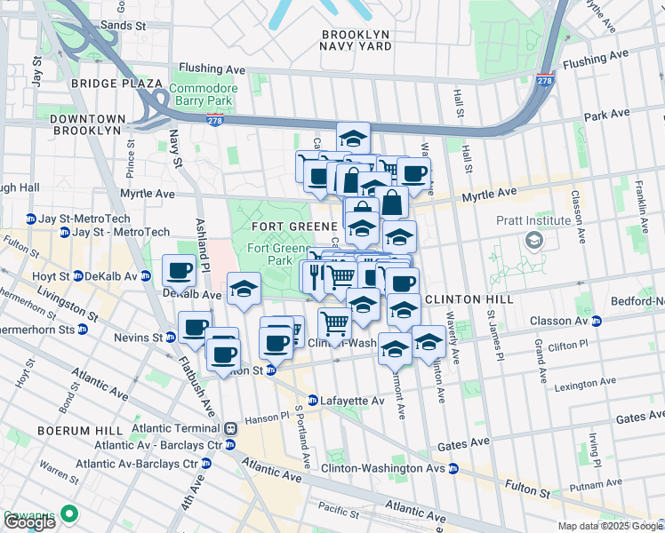 map of restaurants, bars, coffee shops, grocery stores, and more near 242 Carlton Avenue in Brooklyn