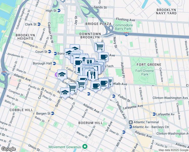 map of restaurants, bars, coffee shops, grocery stores, and more near 519 Fulton Street in Brooklyn