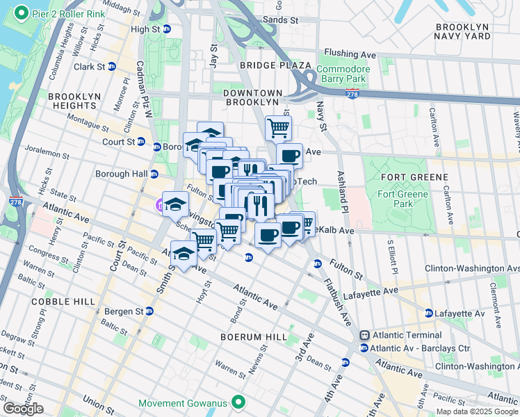map of restaurants, bars, coffee shops, grocery stores, and more near 519 Fulton Street in Brooklyn