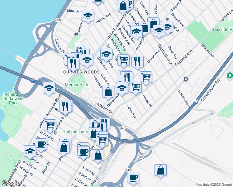 map of restaurants, bars, coffee shops, grocery stores, and more near 49 Ocean Avenue in Jersey City