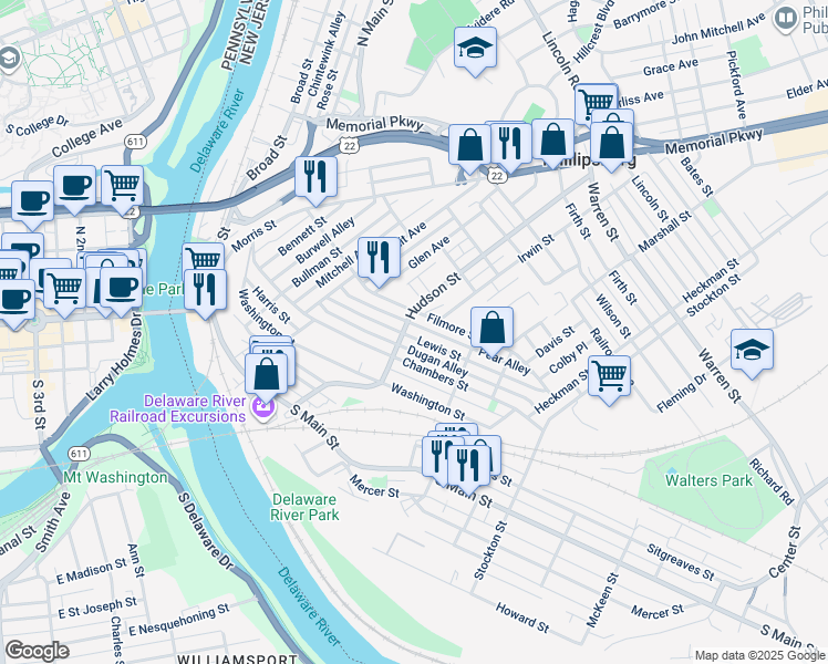 map of restaurants, bars, coffee shops, grocery stores, and more near 130 Hudson Street in Phillipsburg