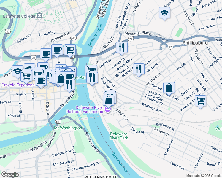 map of restaurants, bars, coffee shops, grocery stores, and more near 116 Washington Street in Phillipsburg