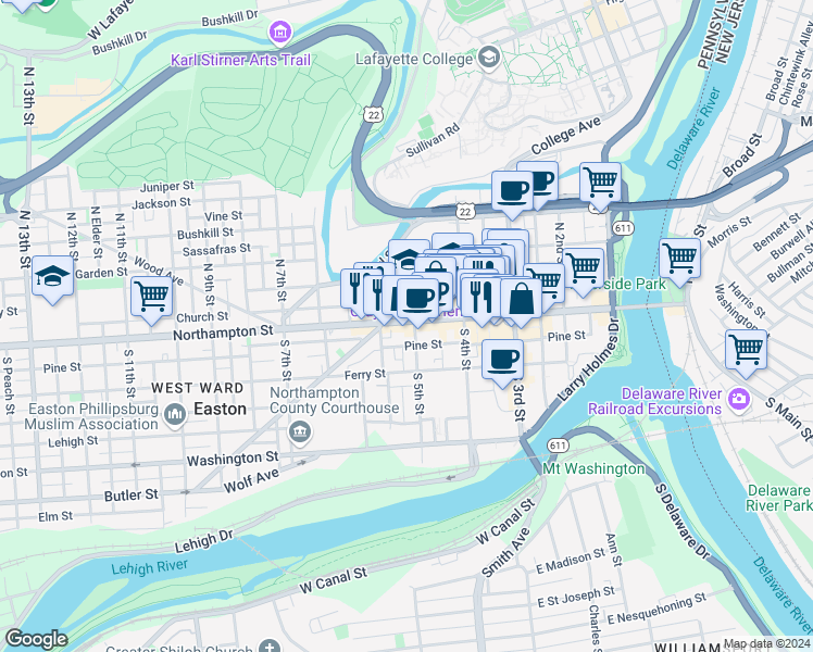 map of restaurants, bars, coffee shops, grocery stores, and more near 24 South 5th Street in Easton