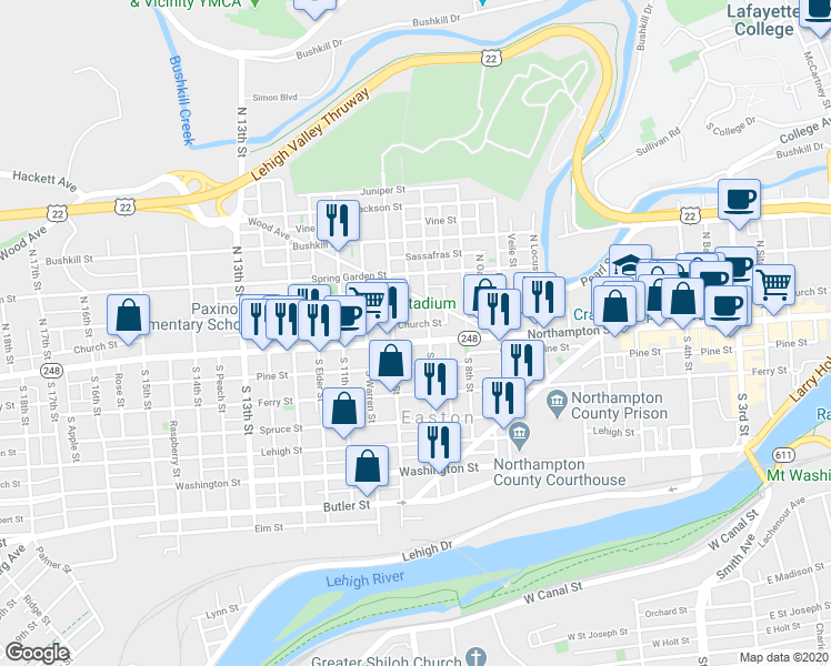 map of restaurants, bars, coffee shops, grocery stores, and more near 926 Northampton Street in Easton