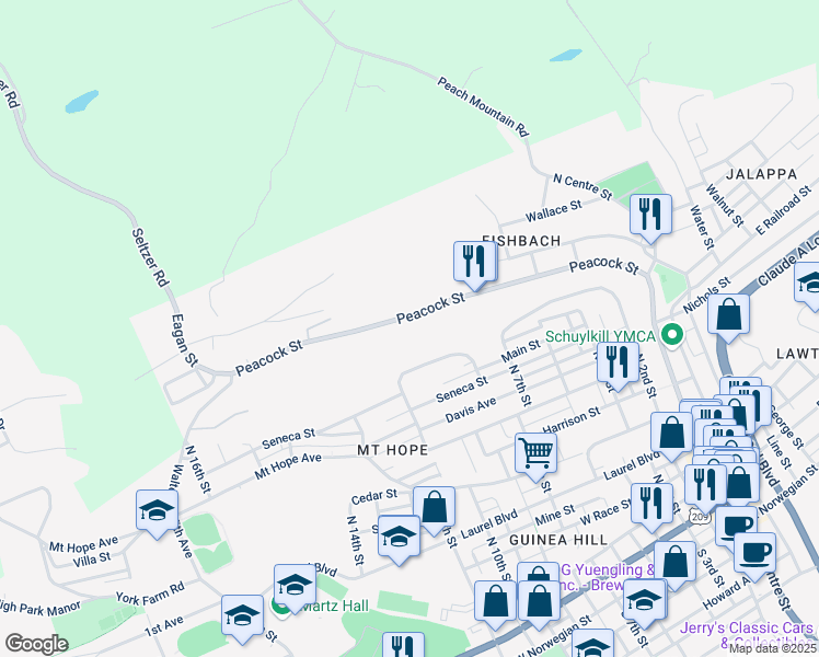 map of restaurants, bars, coffee shops, grocery stores, and more near 415 Peacock Street in Pottsville
