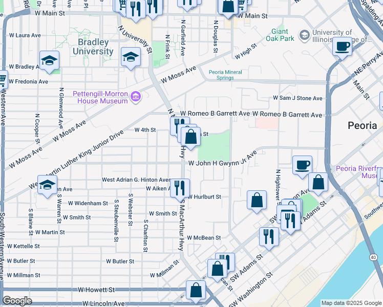 map of restaurants, bars, coffee shops, grocery stores, and more near in Peoria