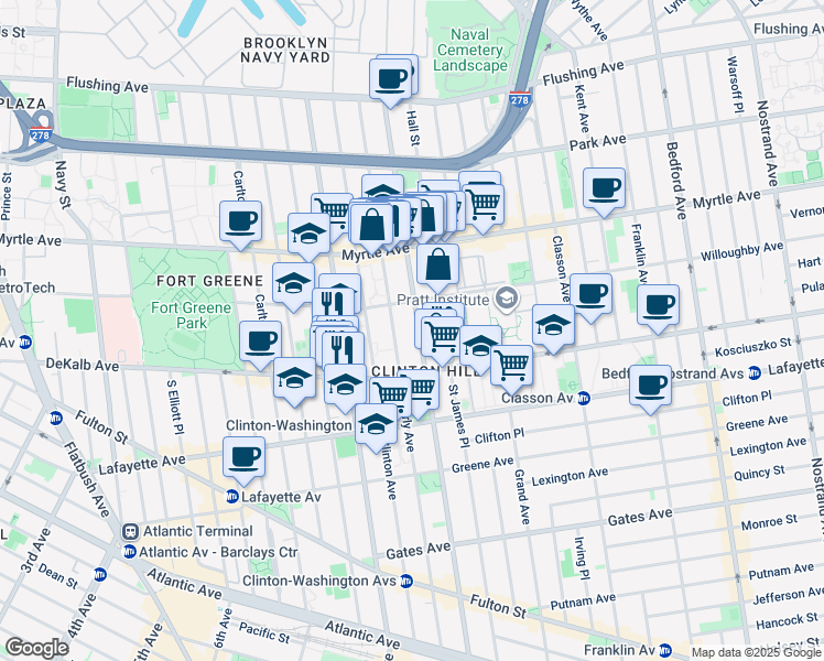 map of restaurants, bars, coffee shops, grocery stores, and more near 260 Washington Avenue in Brooklyn