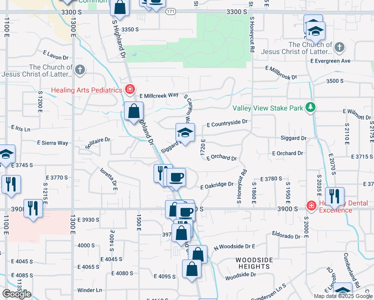map of restaurants, bars, coffee shops, grocery stores, and more near 1670 Siggard Drive in Salt Lake City