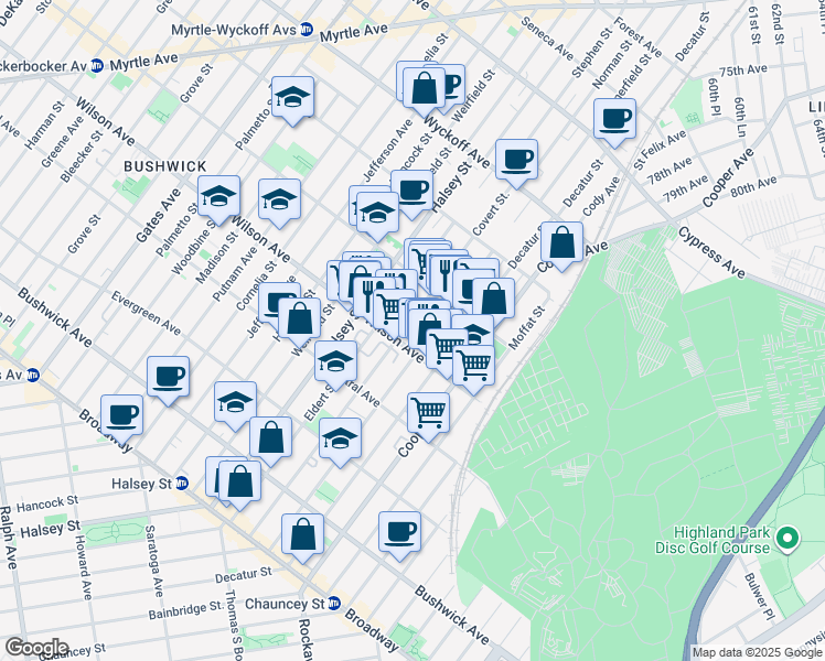 map of restaurants, bars, coffee shops, grocery stores, and more near 574 Wilson Avenue in Brooklyn