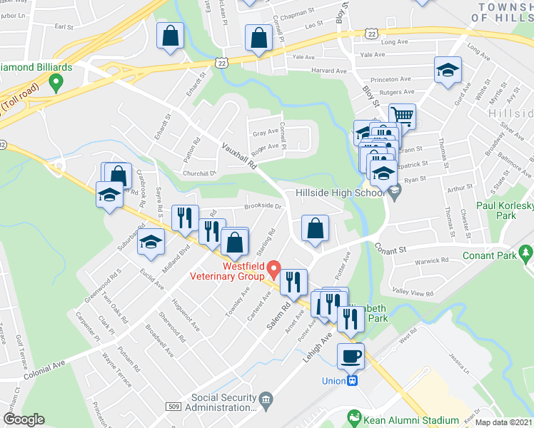 map of restaurants, bars, coffee shops, grocery stores, and more near 1061 Lorraine Avenue in Union
