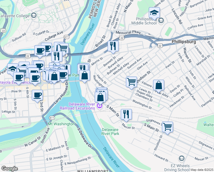 map of restaurants, bars, coffee shops, grocery stores, and more near 70 Harris Street in Phillipsburg