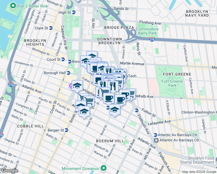 map of restaurants, bars, coffee shops, grocery stores, and more near 519 Fulton Street in Brooklyn