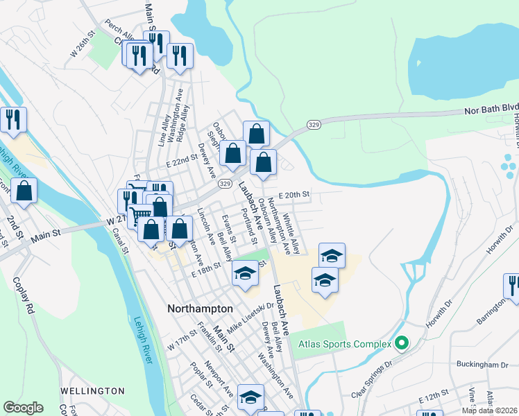 map of restaurants, bars, coffee shops, grocery stores, and more near 427 East 19th Street in Northampton