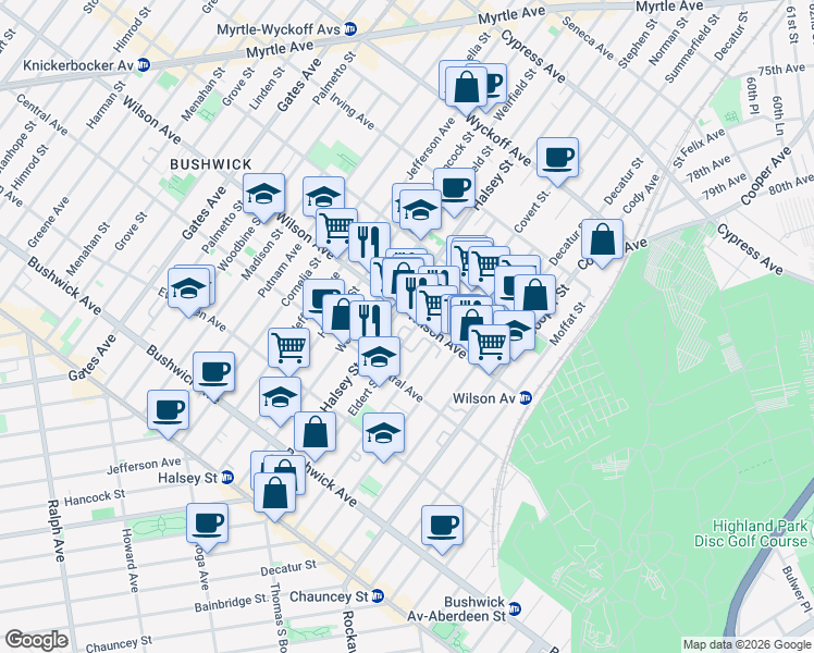 map of restaurants, bars, coffee shops, grocery stores, and more near 225 Eldert Street in Brooklyn