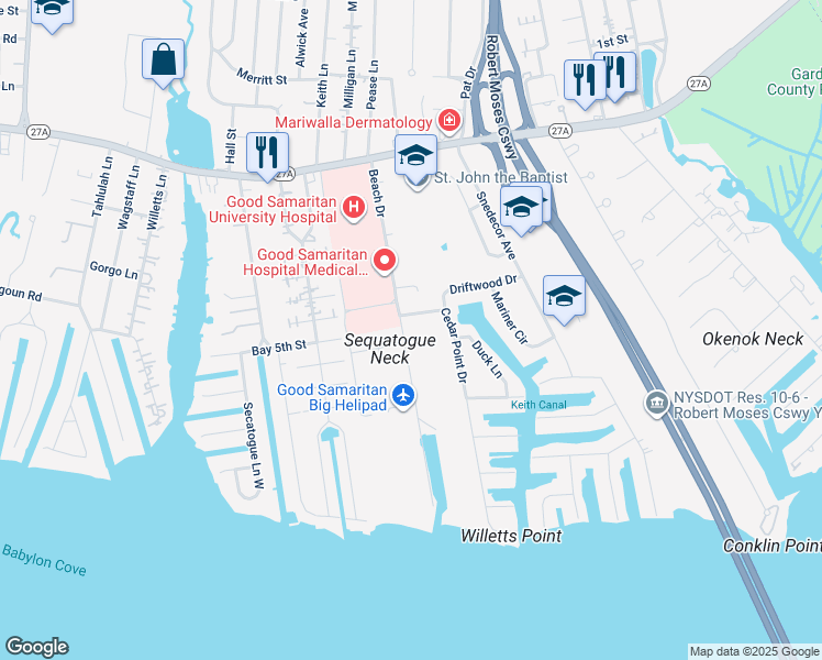 map of restaurants, bars, coffee shops, grocery stores, and more near 120 Beach Drive in West Islip