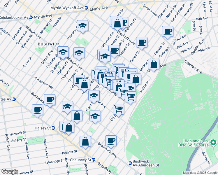 map of restaurants, bars, coffee shops, grocery stores, and more near 574 Wilson Avenue in Brooklyn