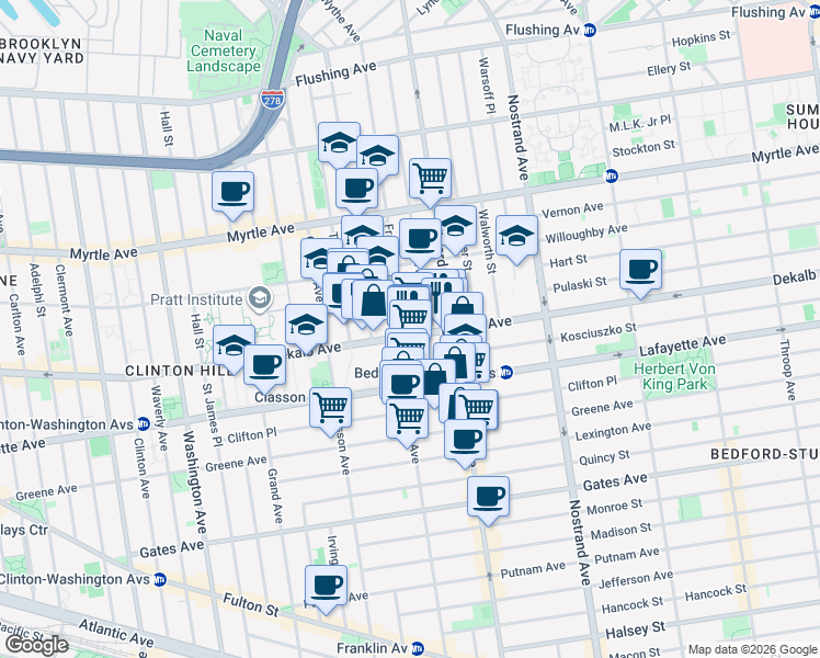 map of restaurants, bars, coffee shops, grocery stores, and more near 473 DeKalb Avenue in Brooklyn