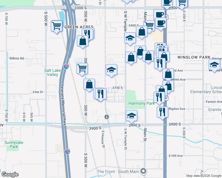 map of restaurants, bars, coffee shops, grocery stores, and more near 3702 South Balmossie Drive in South Salt Lake