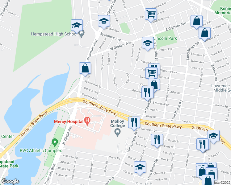 map of restaurants, bars, coffee shops, grocery stores, and more near 138 West Marshall Street in Hempstead