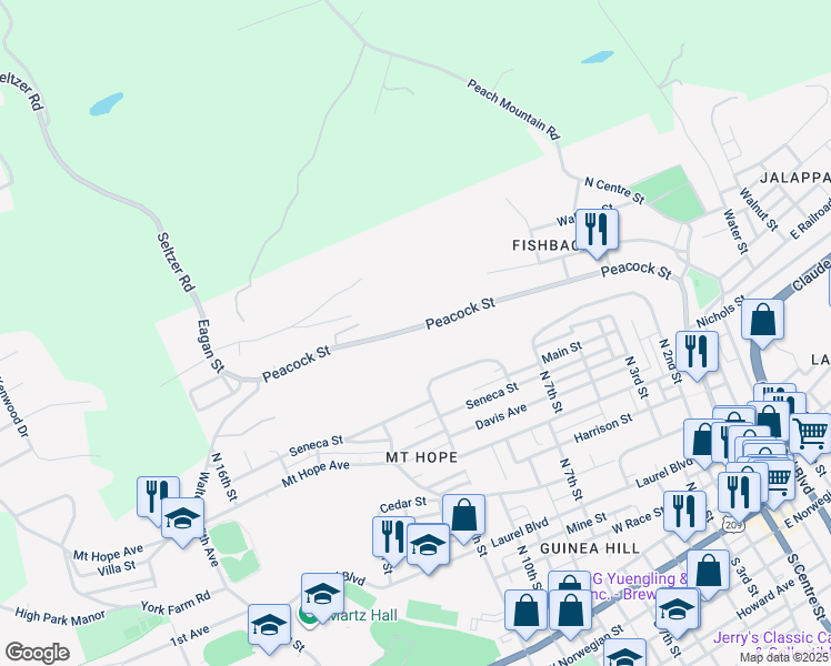 map of restaurants, bars, coffee shops, grocery stores, and more near 441 Peacock Street in Pottsville