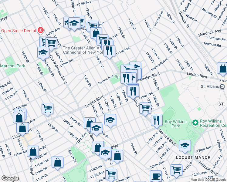 map of restaurants, bars, coffee shops, grocery stores, and more near 124-12 Linden Boulevard in Queens