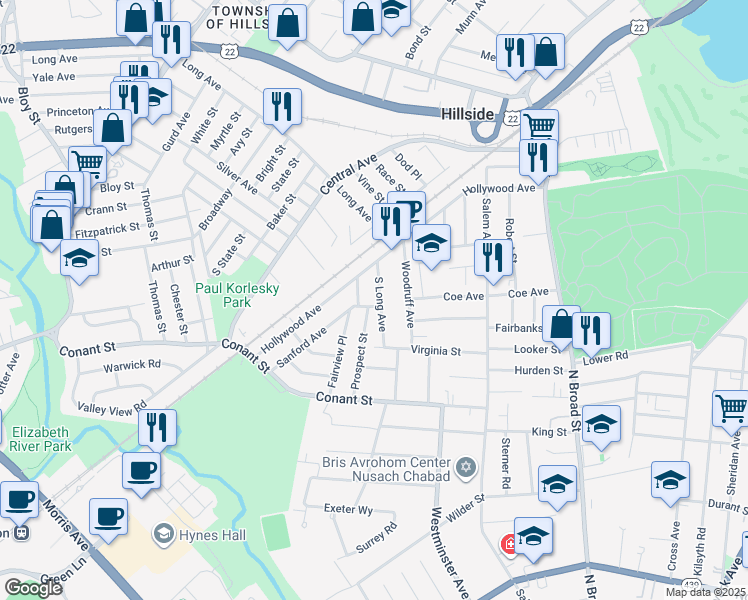 map of restaurants, bars, coffee shops, grocery stores, and more near 1129 South Long Avenue in Hillside