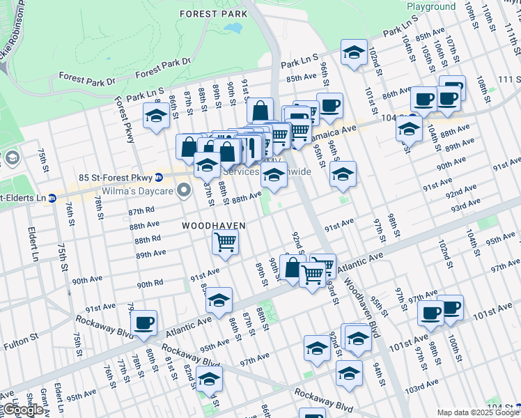 map of restaurants, bars, coffee shops, grocery stores, and more near 89-17 89th Avenue in Queens