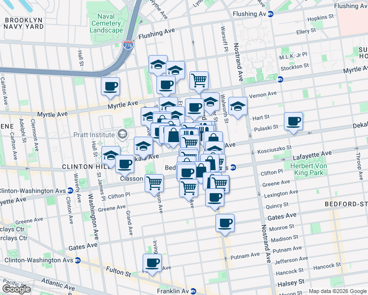 map of restaurants, bars, coffee shops, grocery stores, and more near 473 DeKalb Avenue in Brooklyn